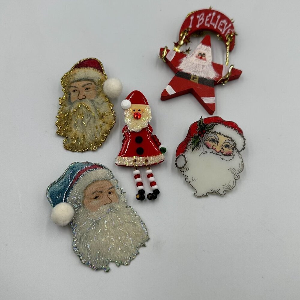 Santa Claus Brooch Pin Lot Christmas Holiday Handcrafted Wood Glitter Plastic